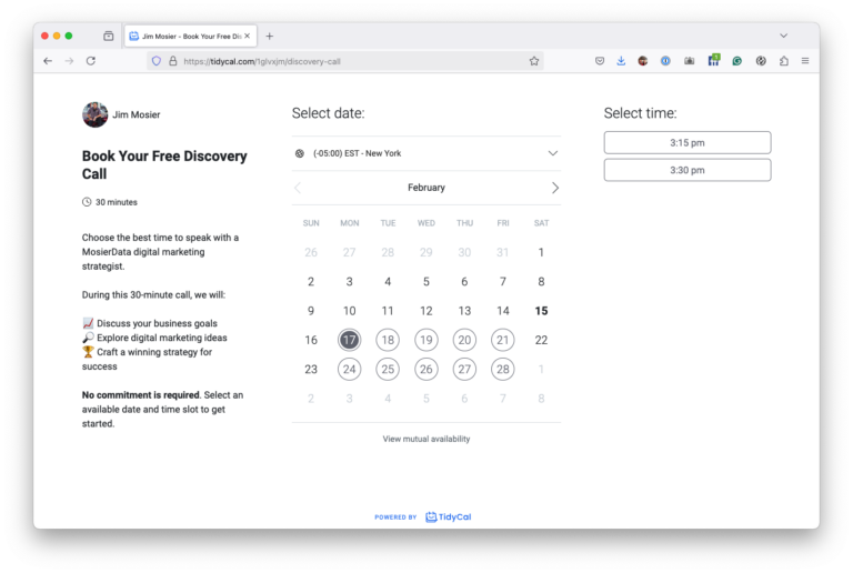 Screenshot of calendar used to book a discovery call