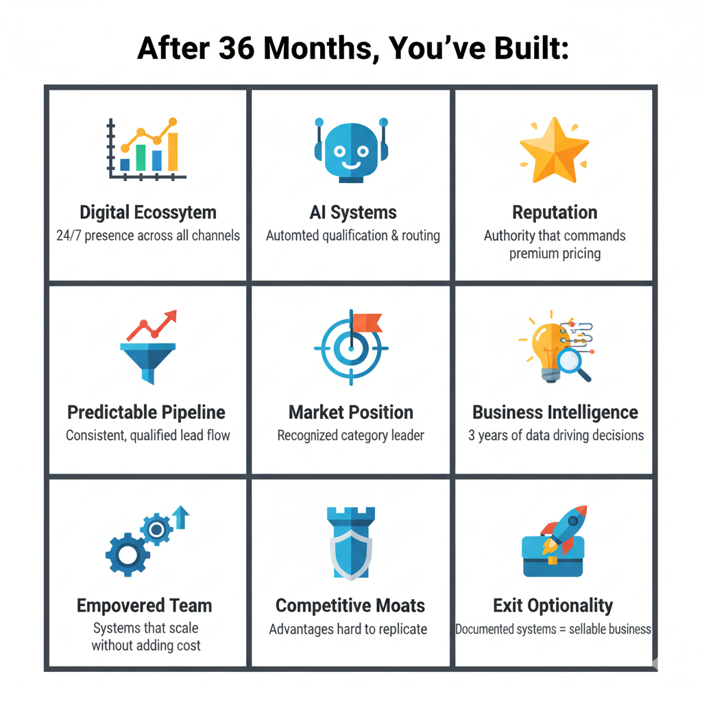 📊 Digital Ecosystem | "24/7 presence across all channels"
🤖 AI Systems | "Automated qualification & routing"
⭐ Reputation | "Authority that commands premium pricing"
📈 Predictable Pipeline | "Consistent, qualified lead flow"
🎯 Market Position | "Recognized category leader"
💡 Business Intelligence | "3 years of data driving decisions"
👥 Empowered Team | "Systems that scale without adding cost"
🔒 Competitive Moats | "Advantages hard to replicate"
🚀 Exit Optionality | "Documented systems = sellable business"
